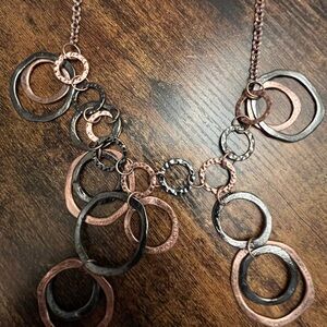 Multi Circle Chunky Necklace Dangle Rose Gold Grey Costume Jewelry 20” 13” Drop